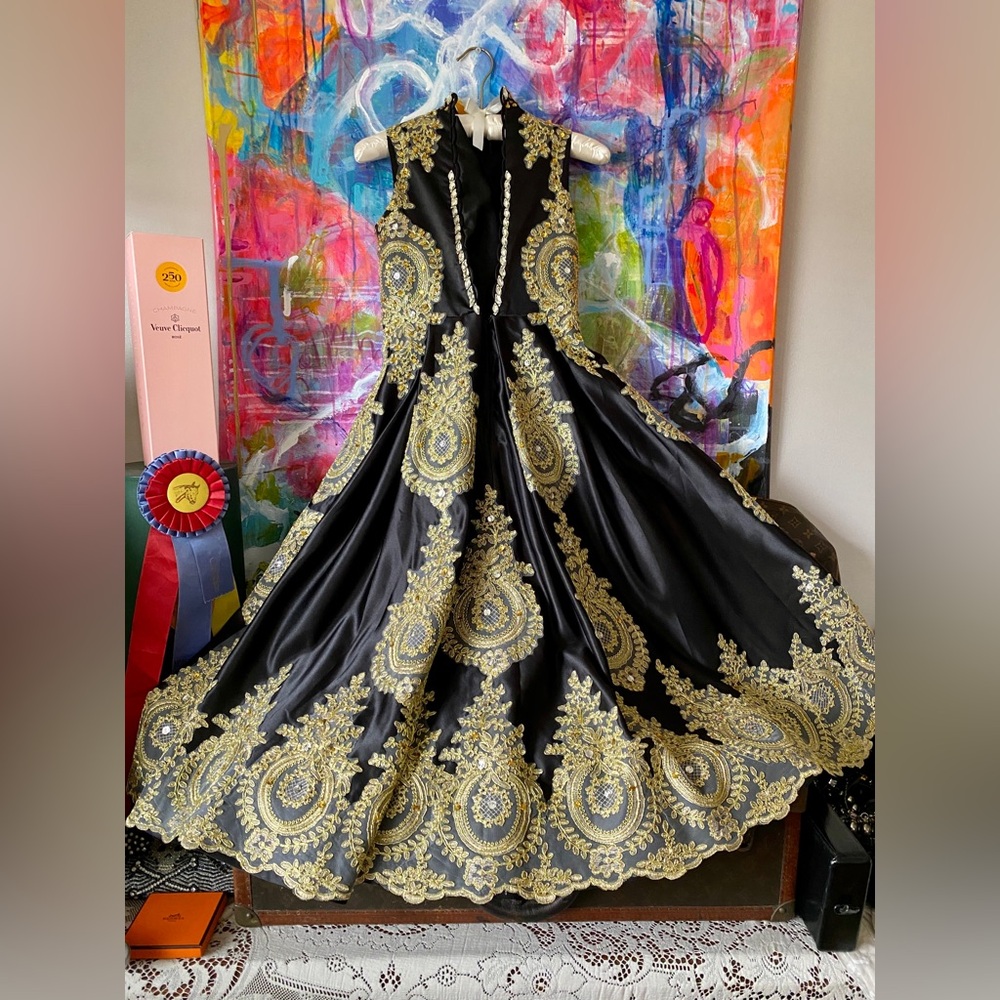 Stunning Black Gold Custom Hand crafted FORMAL Cocktail Evening Wedding DRESS ❤️ - Picture 8 of 13